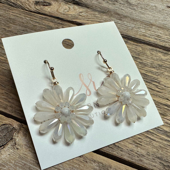 Beaded Flower Drop Earrings | White