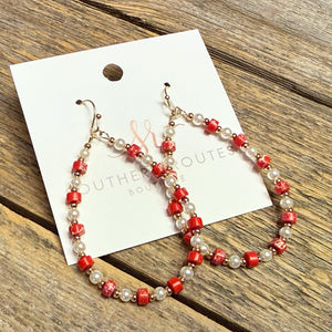 Beaded Teardrop Earrings | Red Marble/Pearl