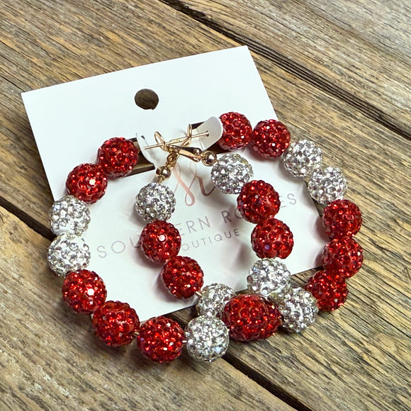 Crystal Ball Hoop Earrings | Red+White