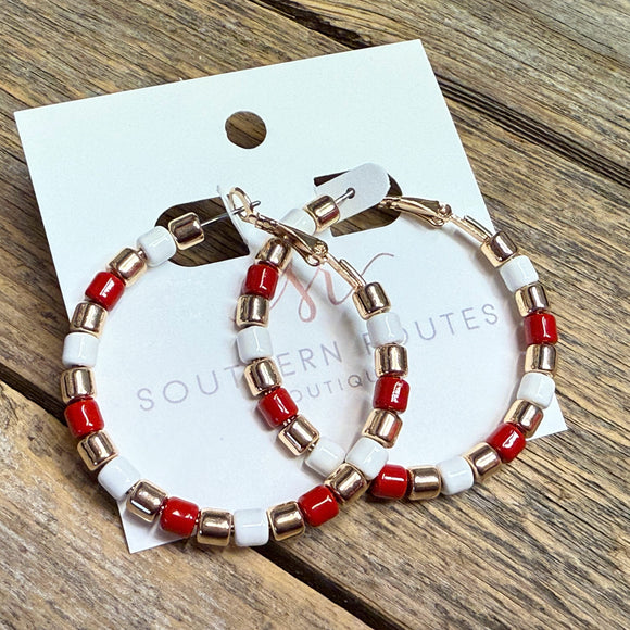 Beaded Hoop Earrings | Red/White/Gold