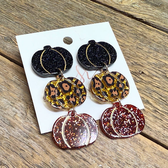 Glitter Pumpkin Acrylic Trio Earrings | Leopard Multi
