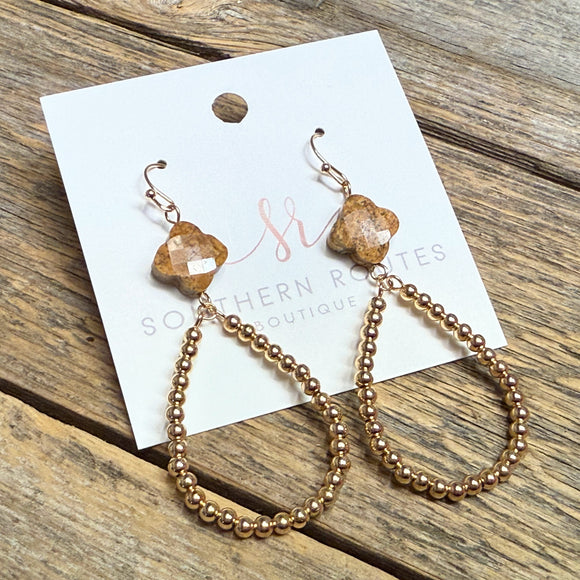 Jasper Stone Clover Teardrop Earrings | Gold