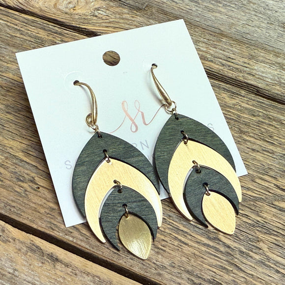 Wood Metal Leaf Drop Earrings | Olive