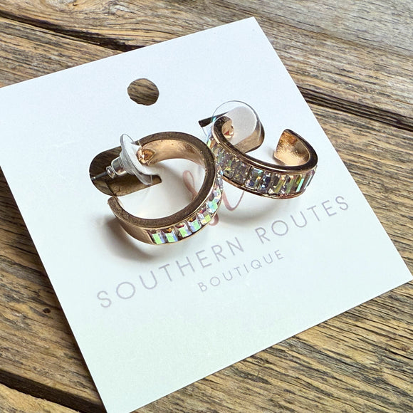 AB Rhinestone Huggie Earrings | Gold