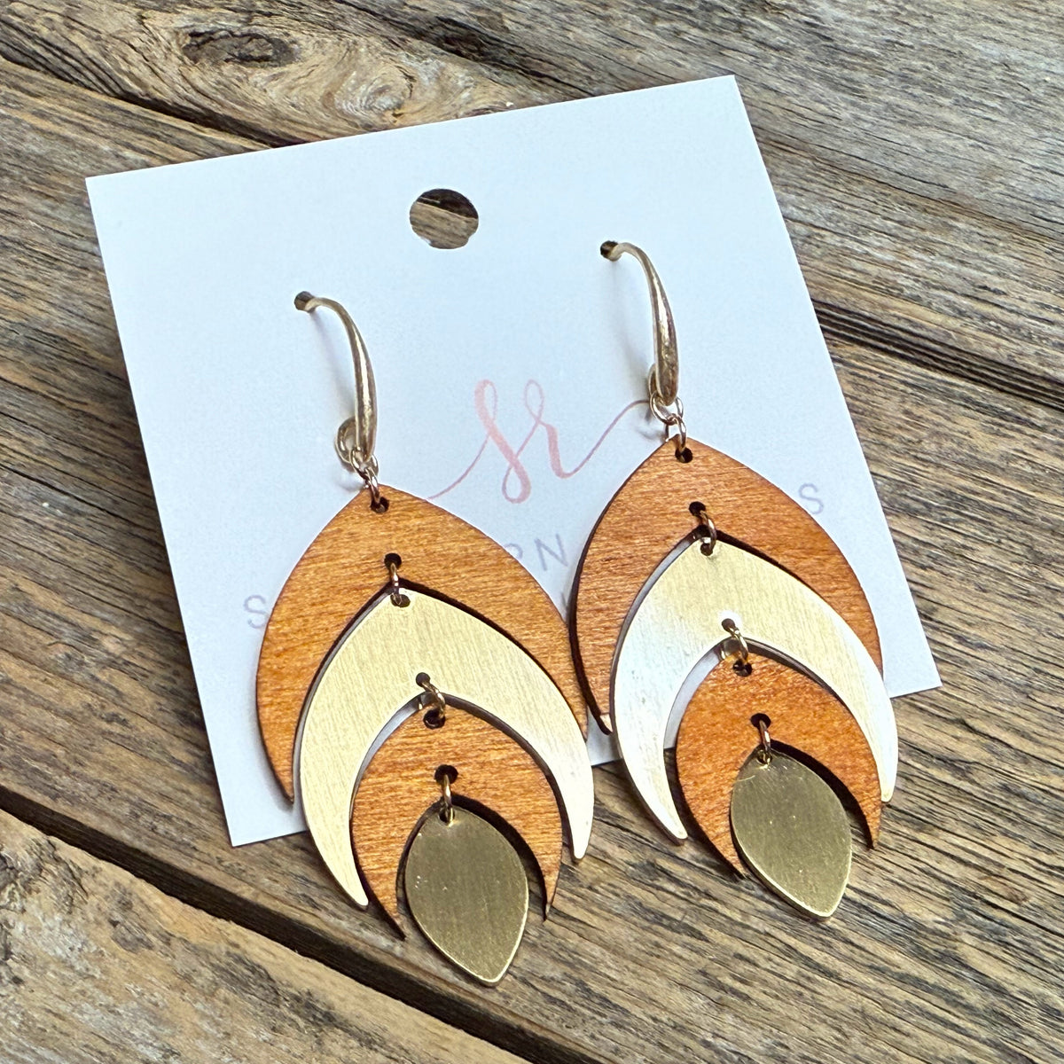 Wood Metal Leaf Drop Earrings | Brown