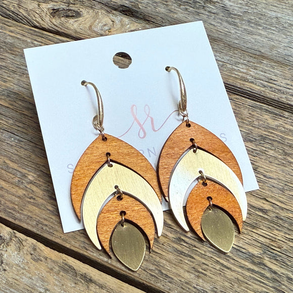 Wood Metal Leaf Drop Earrings | Brown