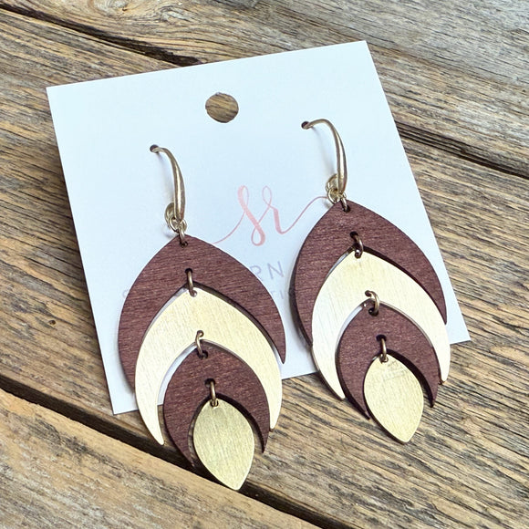 Wood Metal Leaf Drop Earrings | Burgundy