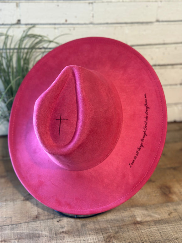 I Can Do All Things Cross Burnt On Hat | Hot Pink