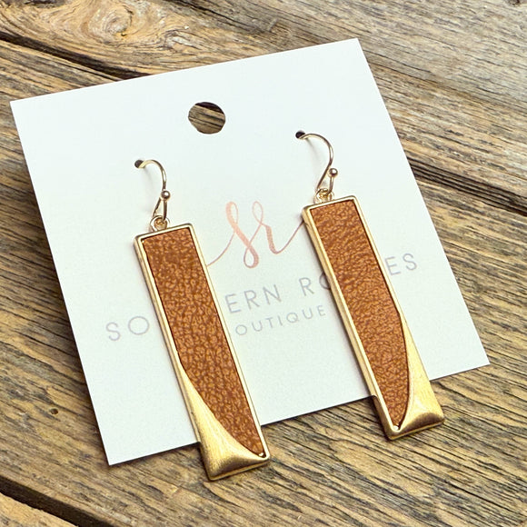 Vegan Leather Metal Rectangle Earrings | Brown