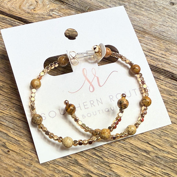 Jasper Brown Stone Hoop Earrings | Gold