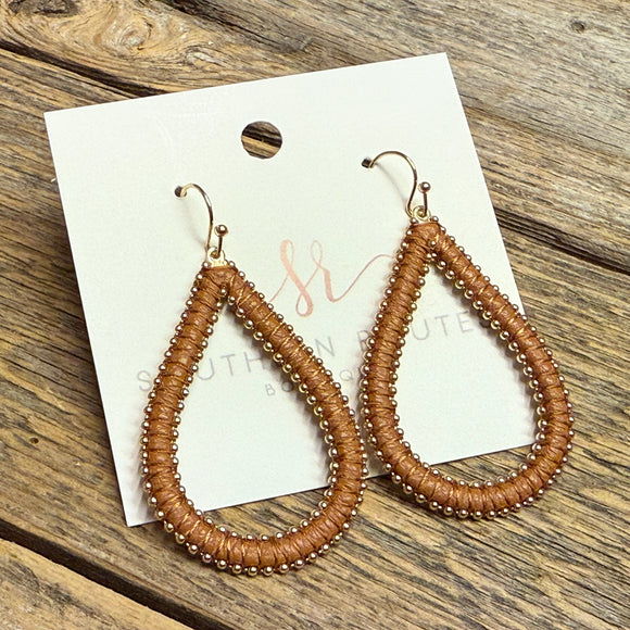 String Wrapped Teardrop Earrings | Brown
