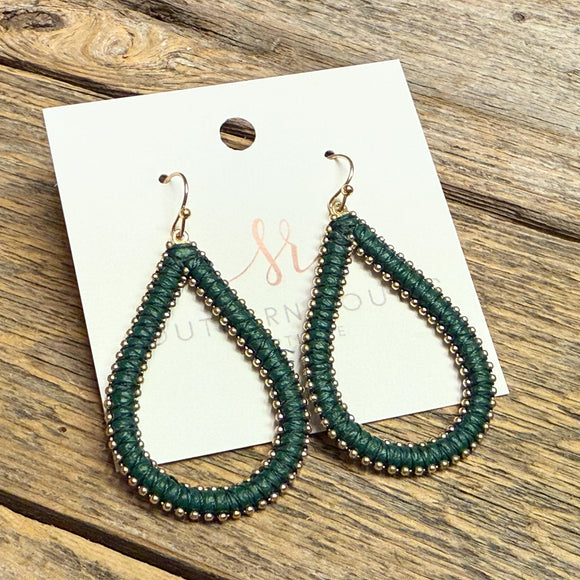 String Wrapped Teardrop Earrings | Forest Green