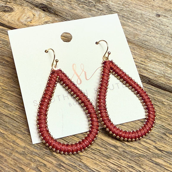 String Wrapped Teardrop Earrings | Burgundy
