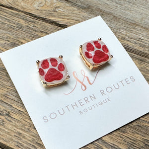 Beveled Cougar Paw Stud Earrings | Red