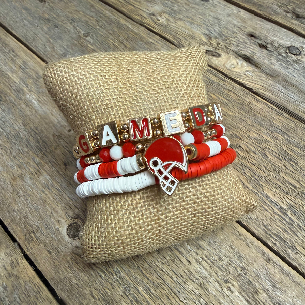 Gameday Football Beaded Stretch Bracelet | Red/White/Gold