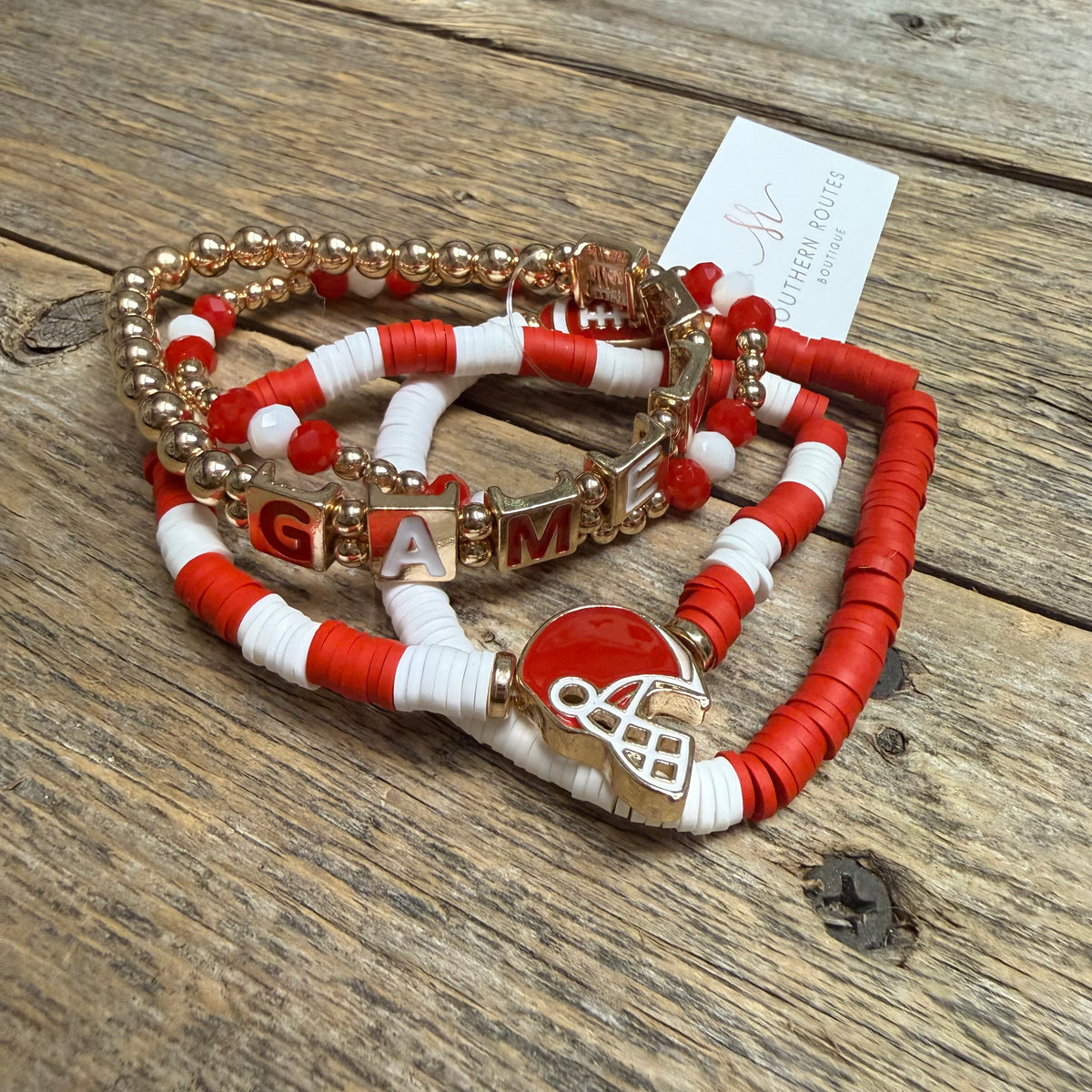 Gameday Football Beaded Stretch Bracelet | Red/White/Gold