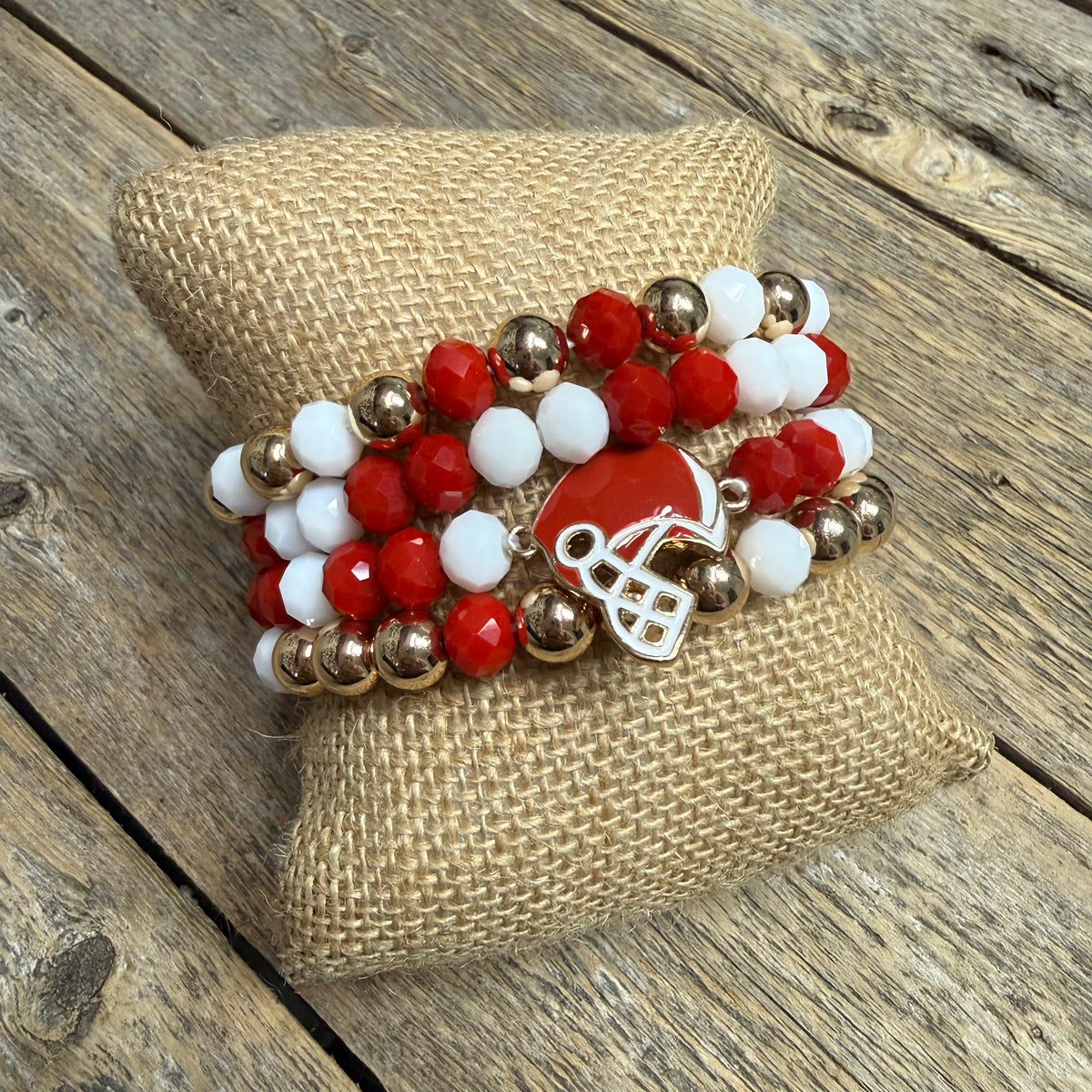Football Beaded Stretch Bracelet | Red/White/Gold