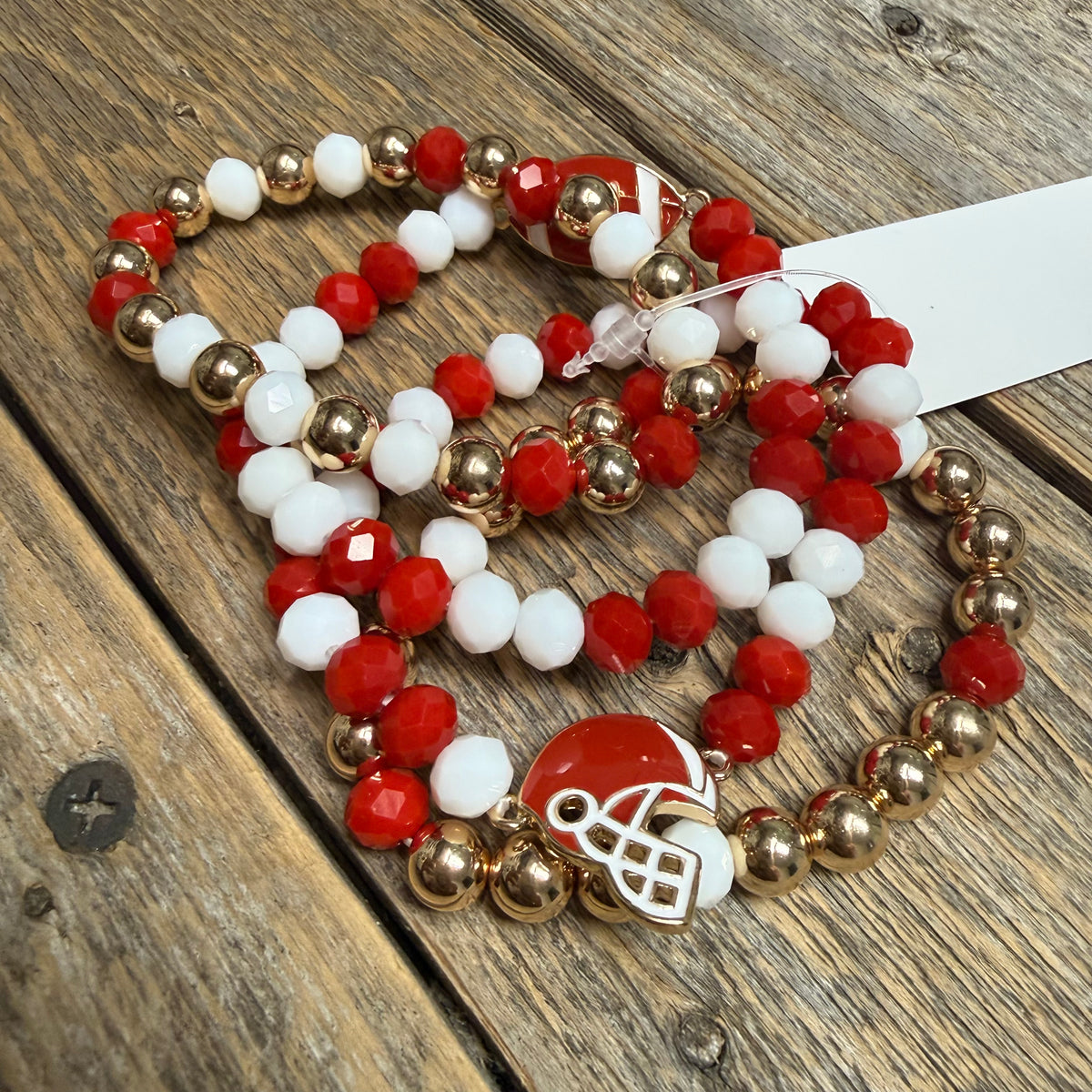 Football Beaded Stretch Bracelet | Red/White/Gold