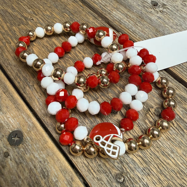 Football Beaded Stretch Bracelet | Red/White/Gold