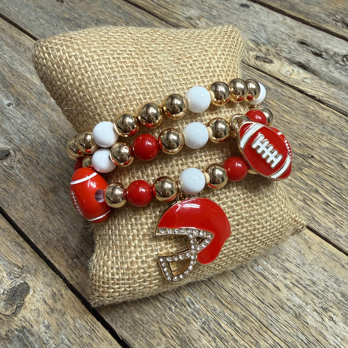 Football Beaded Stretch Bracelet | Red/White/Gold