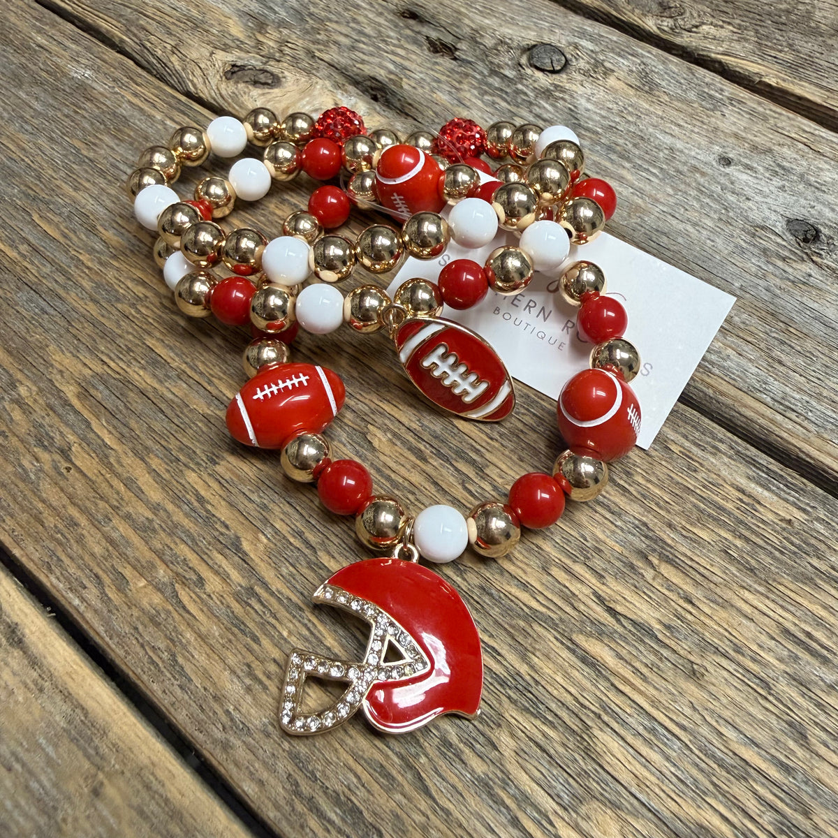 Football Beaded Stretch Bracelet | Red/White/Gold