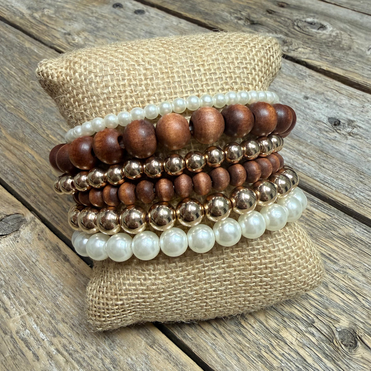 Wood/Pearl Beaded Stretch Bracelet Set | Brown Mix