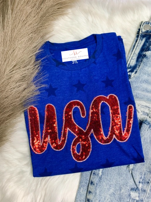 USA Sequin Embroidered Tee | Blue Stars