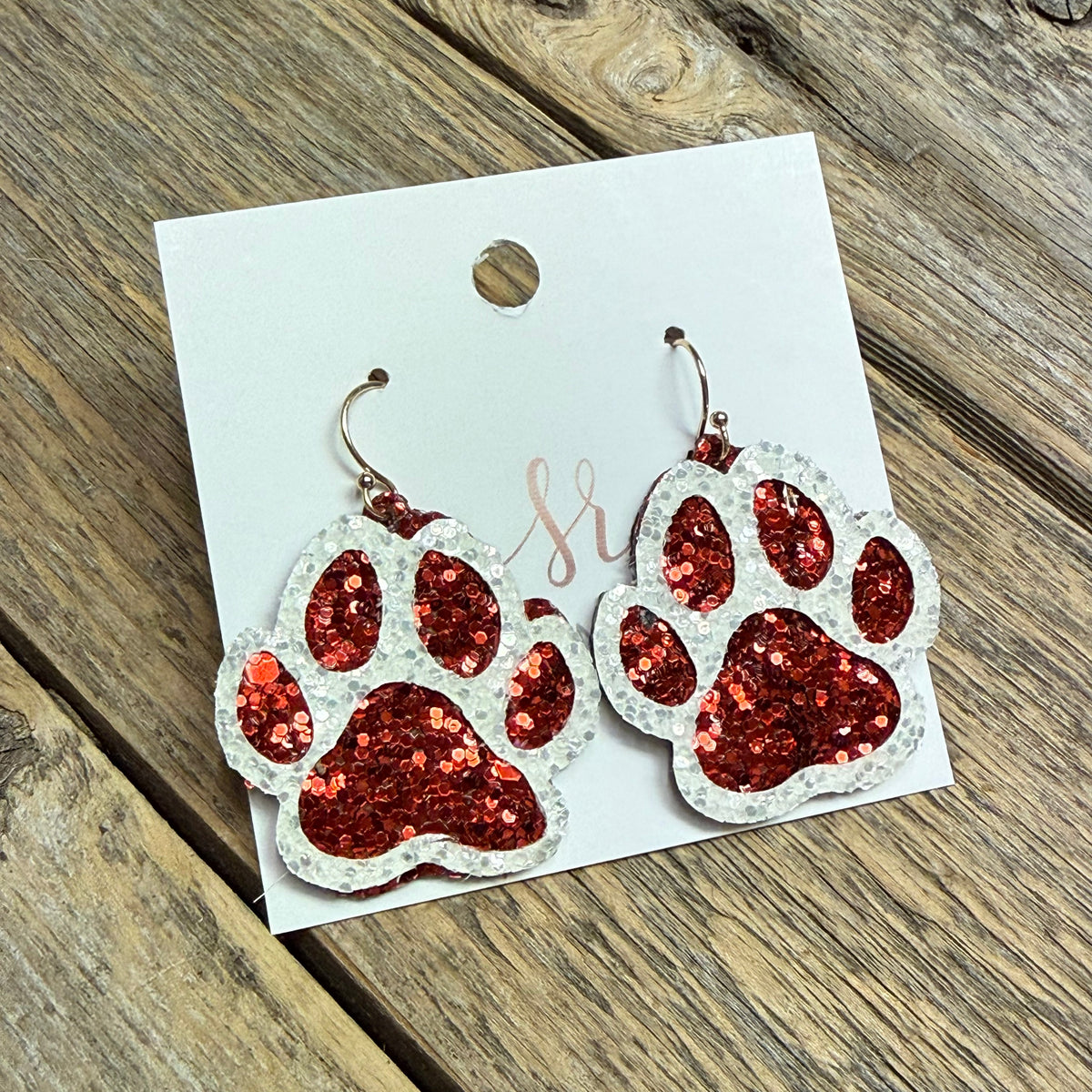 Sequin Cougar Paw Earrings | Red/White