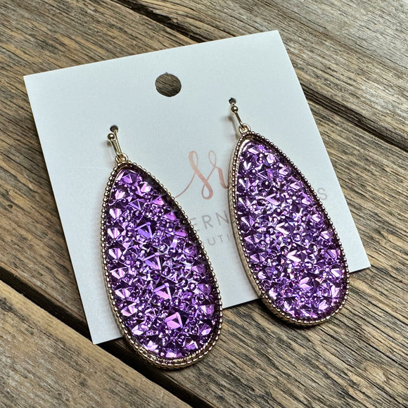 Glittery Hex Gem Stone Earrings | Purple