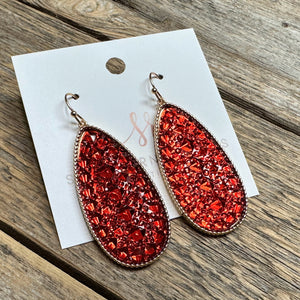 Glittery Hex Gem Stone Earrings | Red