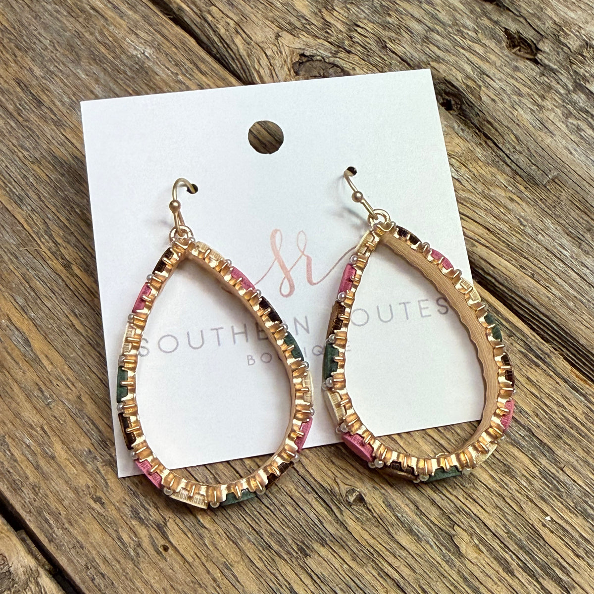 Wood/Pearl Accent Teardrop Earrings | Gold/Multi