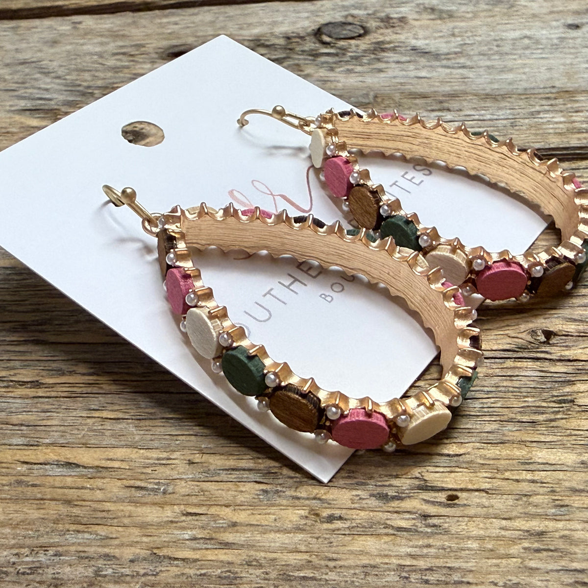 Wood/Pearl Accent Teardrop Earrings | Gold/Multi