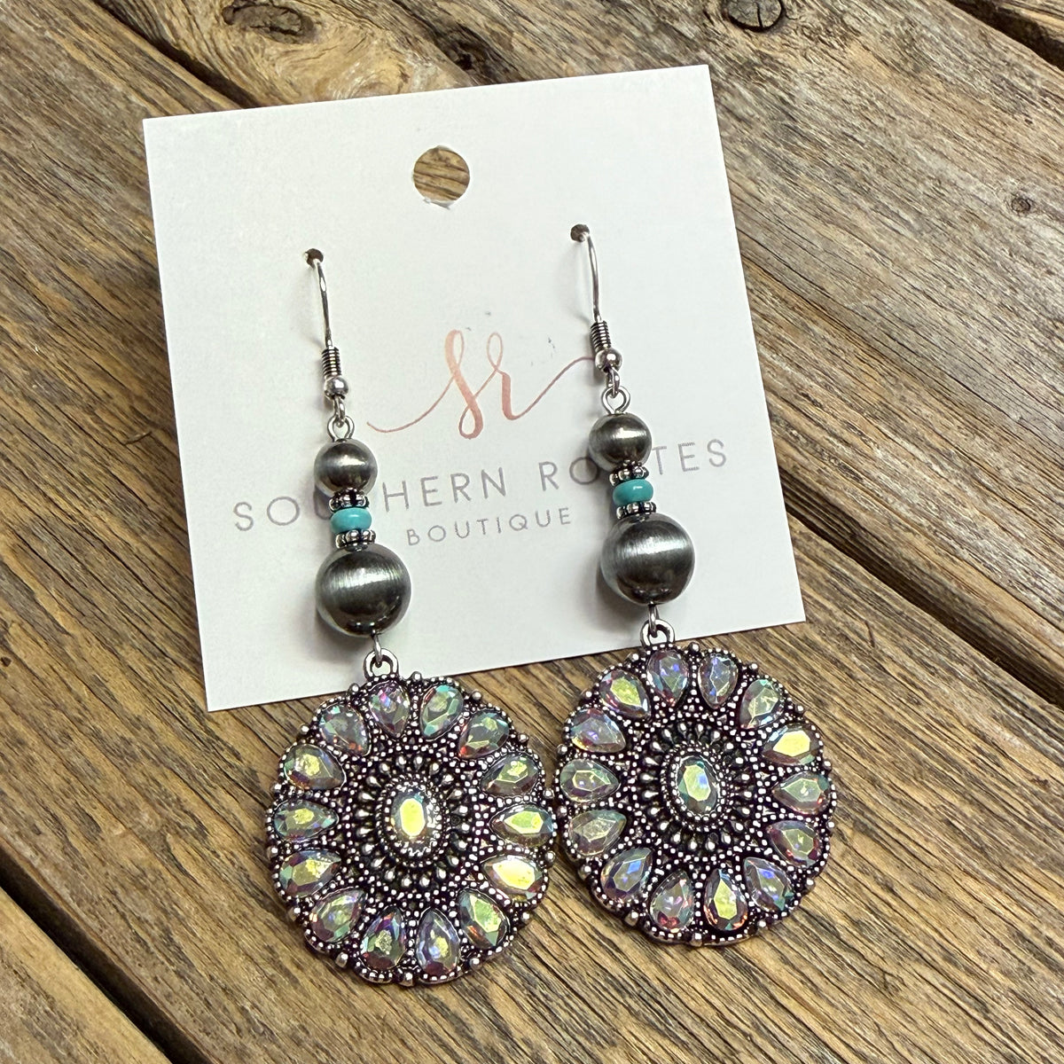 AB Crystal Circle Drop Western Earrings | Silver