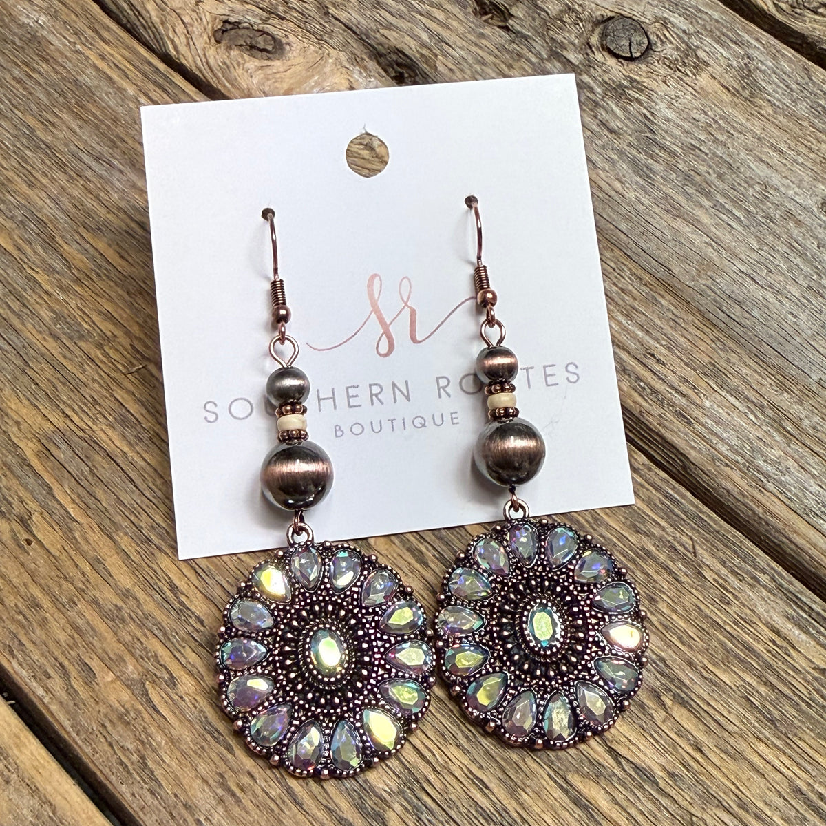 AB Crystal Circle Drop Western Earrings | Copper