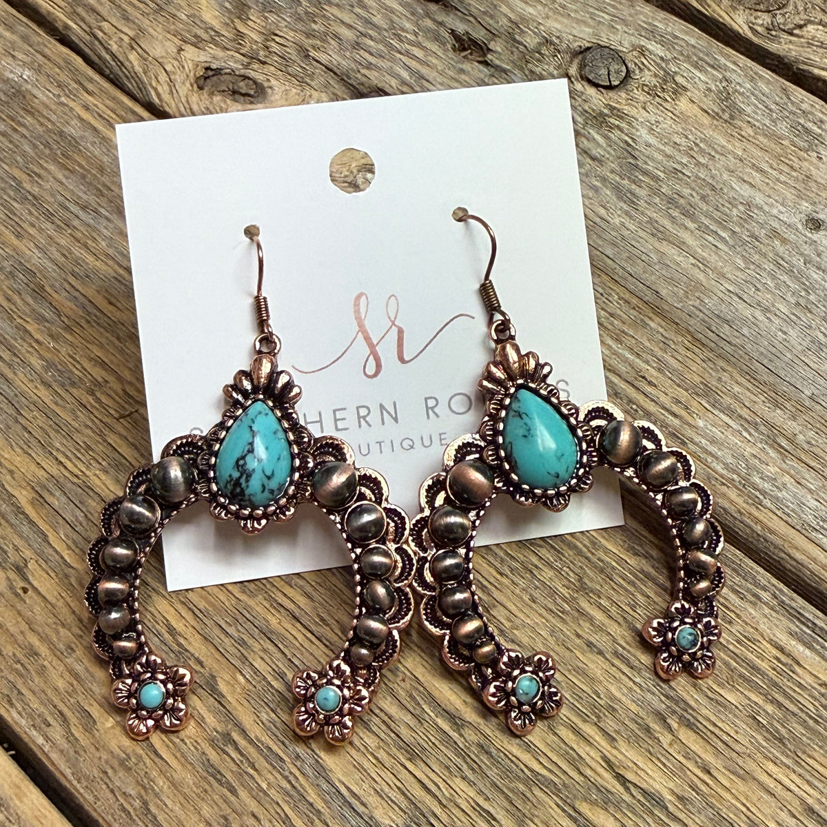 Turquoise Western Squash Blossom Earrings | Copper