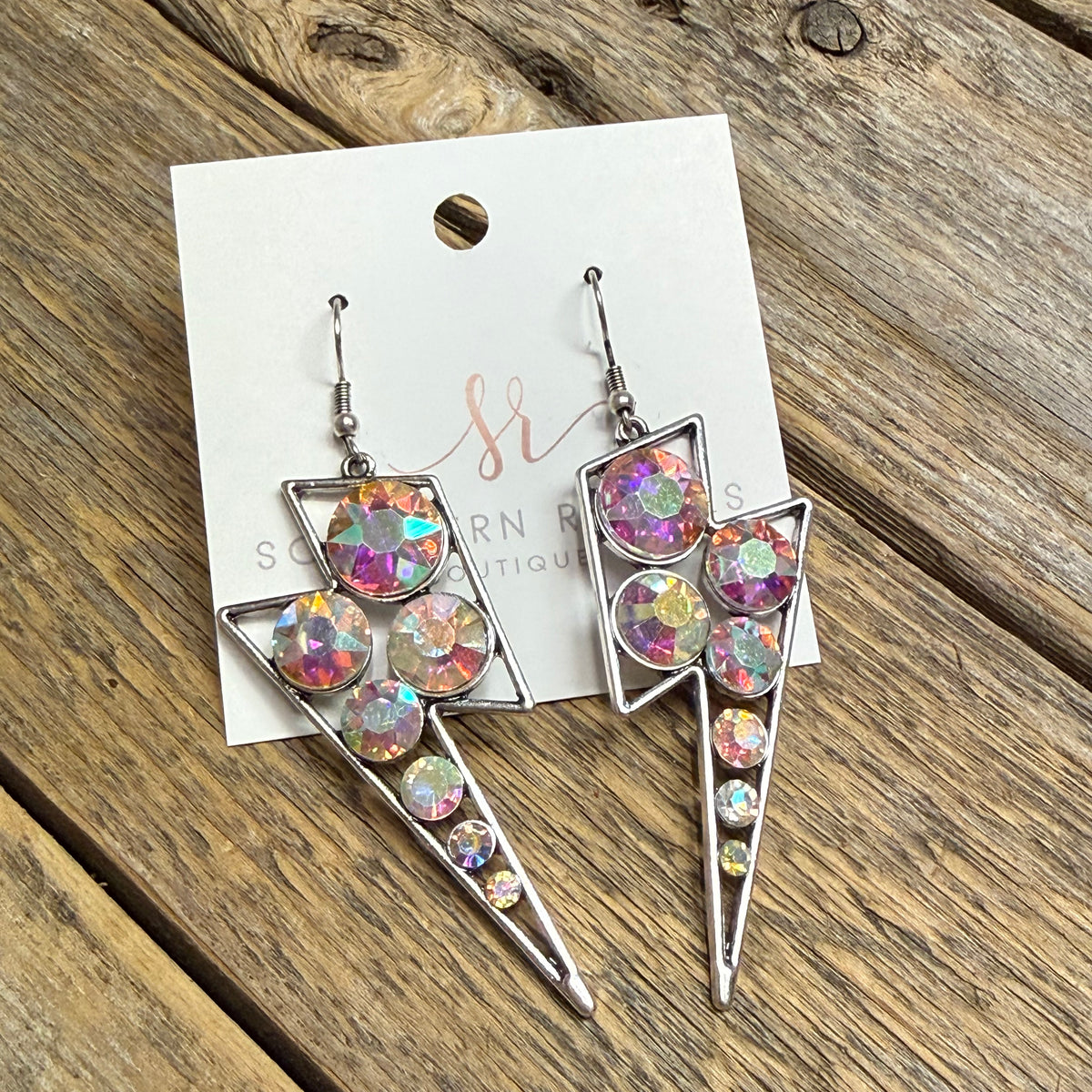 AB Crystal Bolt Western Earrings | Silver