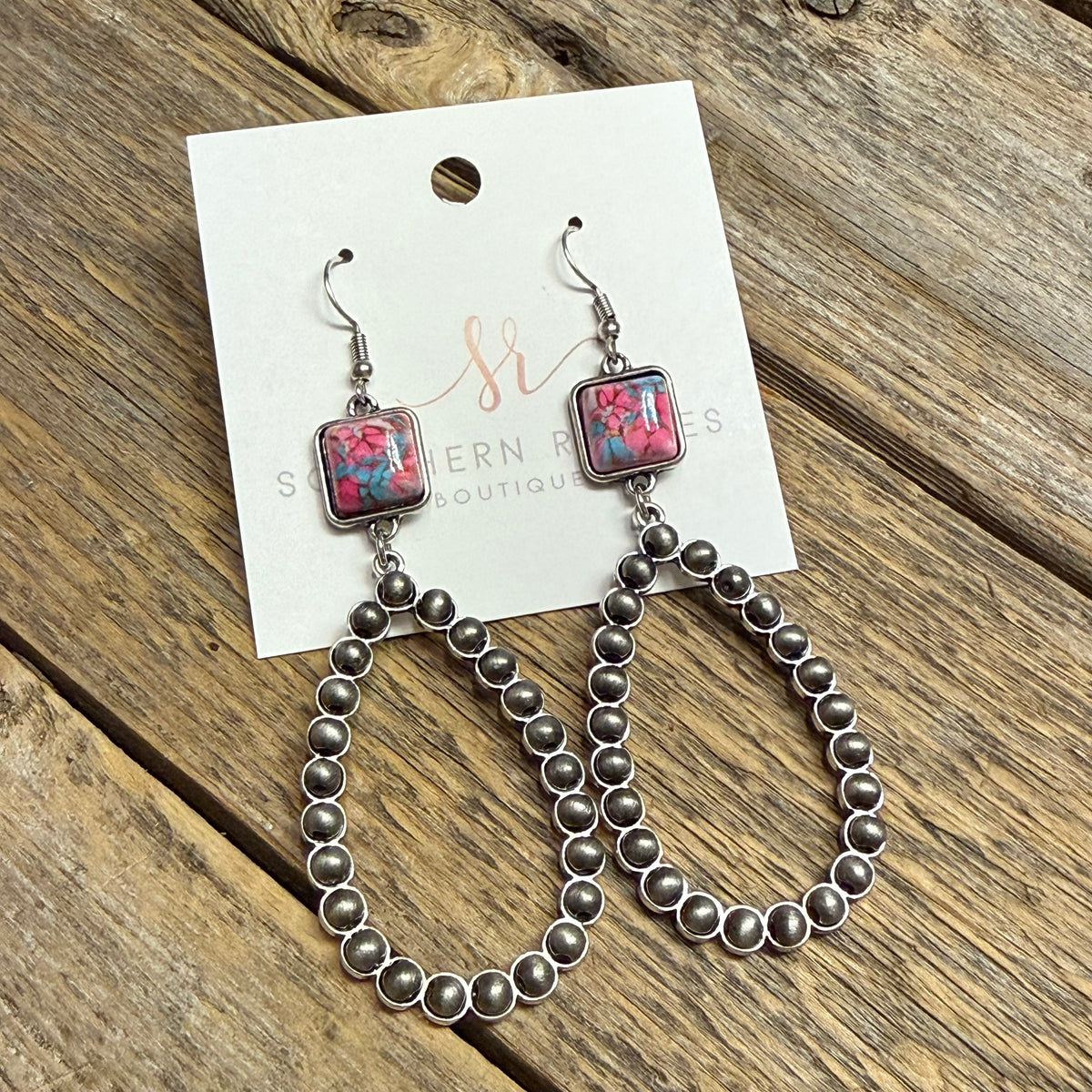 Teardrop Pink Stone Western Earrings | Silver