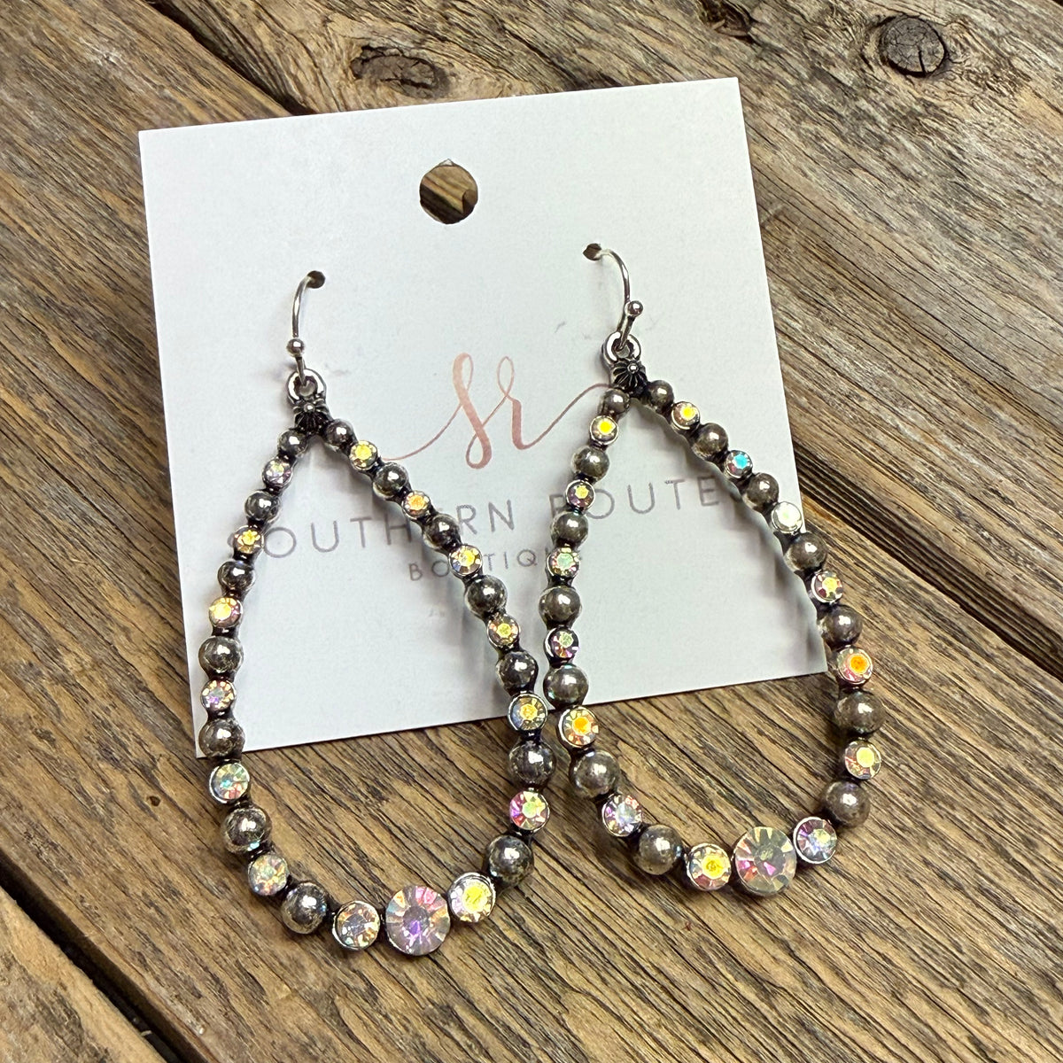 AB Rhinestone Teardrop Western Earrings | Silver