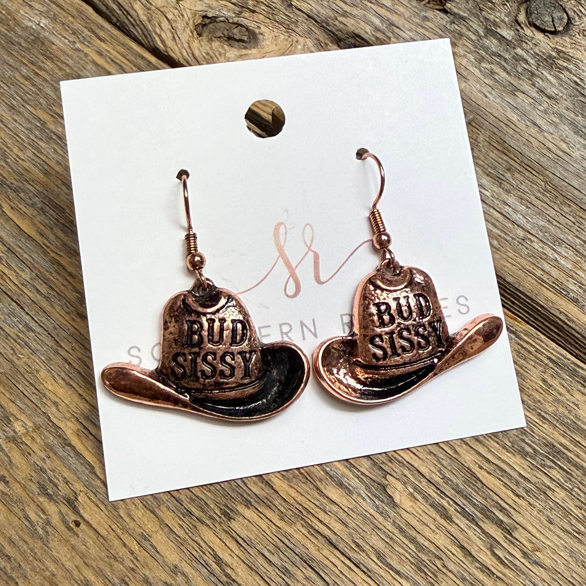 Bud & Sissy Cowboy Hat Western Earrings | Copper