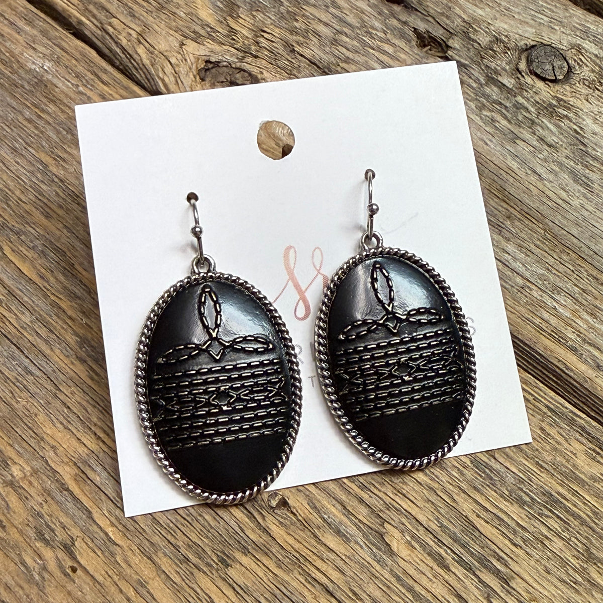 Boot Stitch Black Western Earrings | Silver