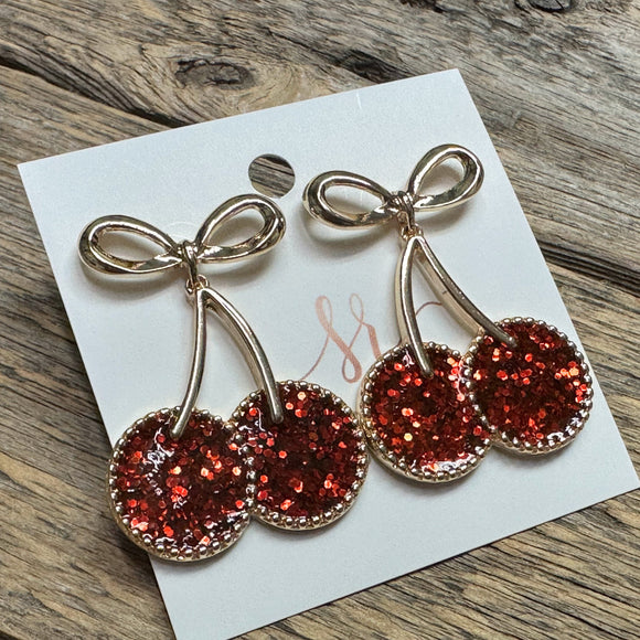 Red Cherry Bow Earrings | Gold