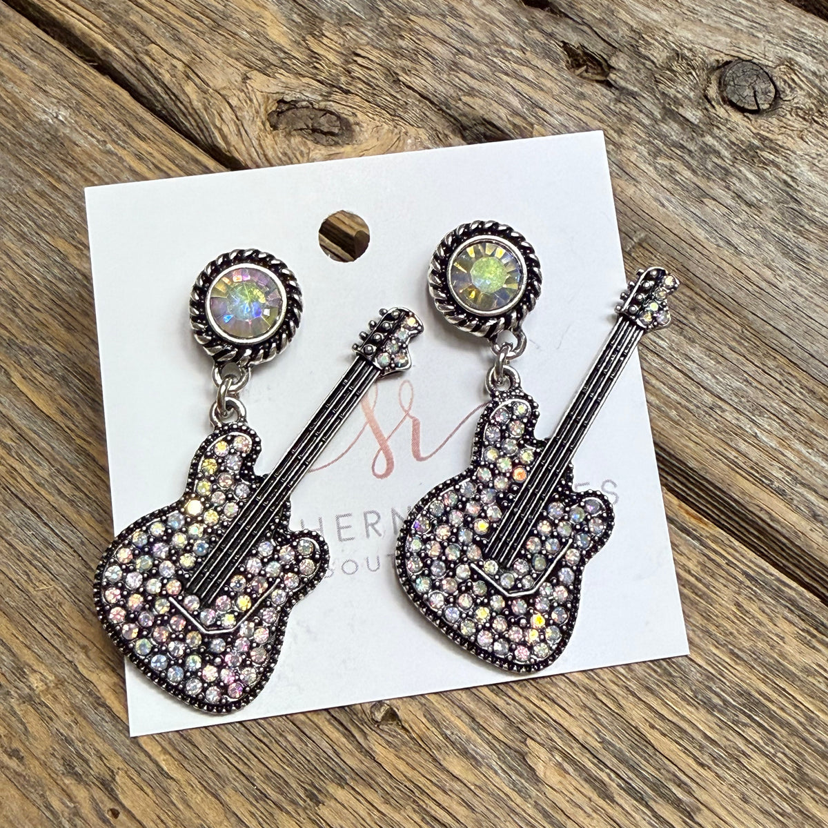AB Rhinestone Guitar Western Earrings | Silver