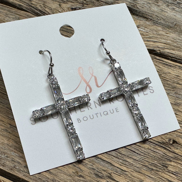 Crystal Cross Earrings | Silver