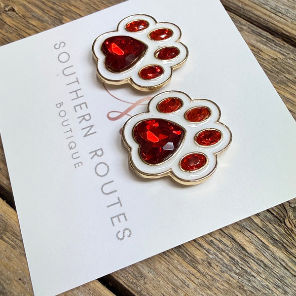 Cougar Paw Gem Stud Earrings | Red