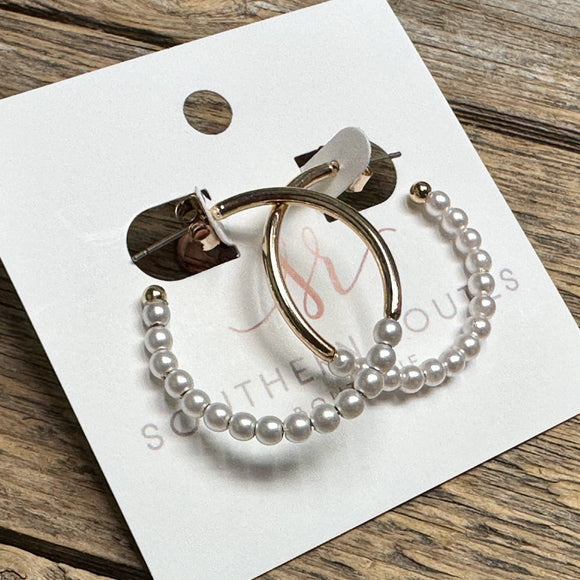 Pearl Accent Hoop Earrings | Gold