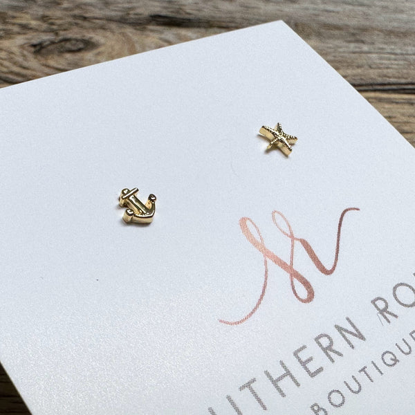Anchor Starfish Petite Stud Earrings | 18K Gold Dipped