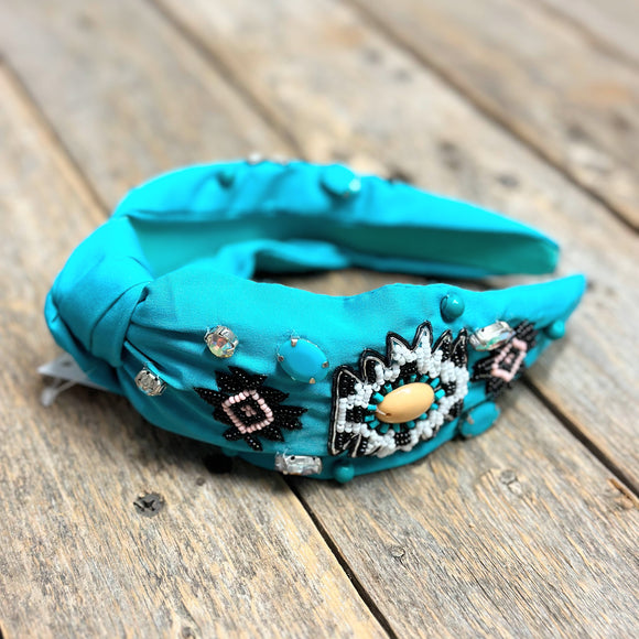 Embellished Knot Headband | Turquoise Aztec