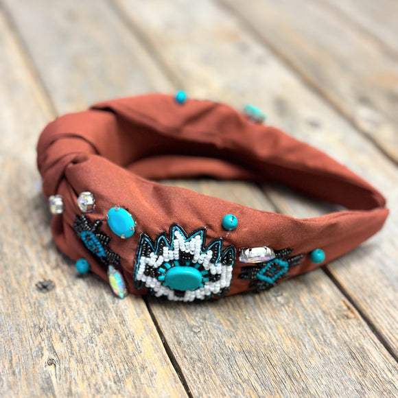 Embellished Knot Headband | Brown Aztec