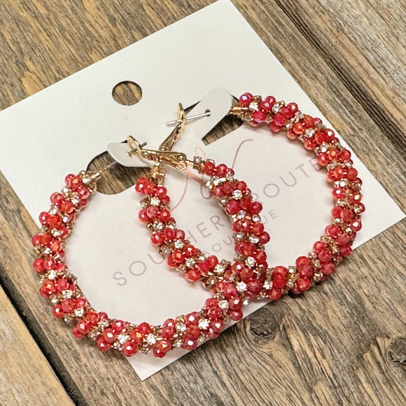 Beaded Crystal Hoop Earrings | Red