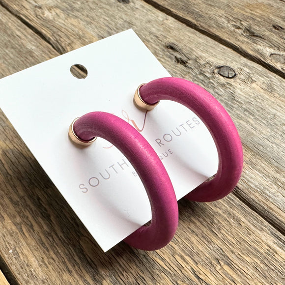 Wooden Tube Hoop Earrings | Fuchsia